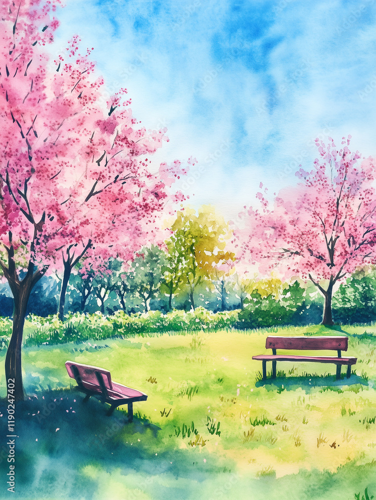 Obraz premium 春の公園 桜と青空 木陰のベンチが佇む穏やかな風景