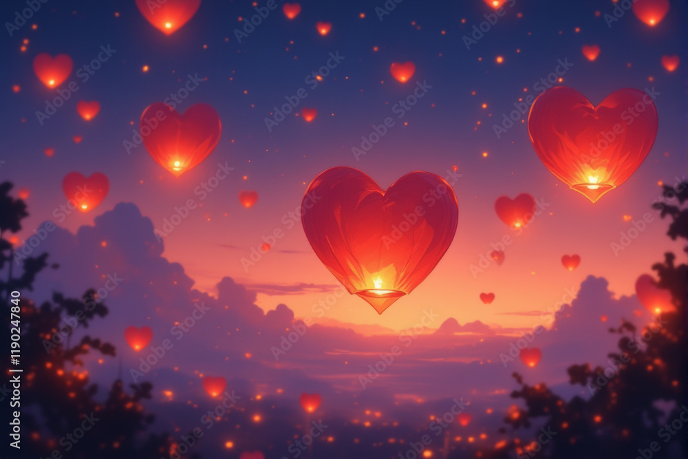 Floating heart-shaped lanterns lighting up a dusk sky with soft warm hues. Floating heart-shaped lanterns lighting up a dusk sky with soft warm hues.