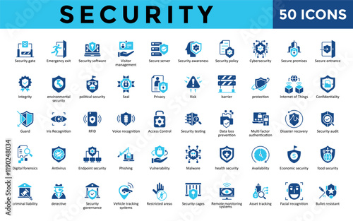 Security icons set with security gate, emergency exit, security software, visitor management, secure server, security awareness, security policy, cybersecurity icon. Simple flat vector 
