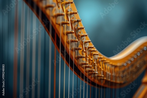 Close-up of harp strings showcasing intricate craftsmanship and vibrant design.