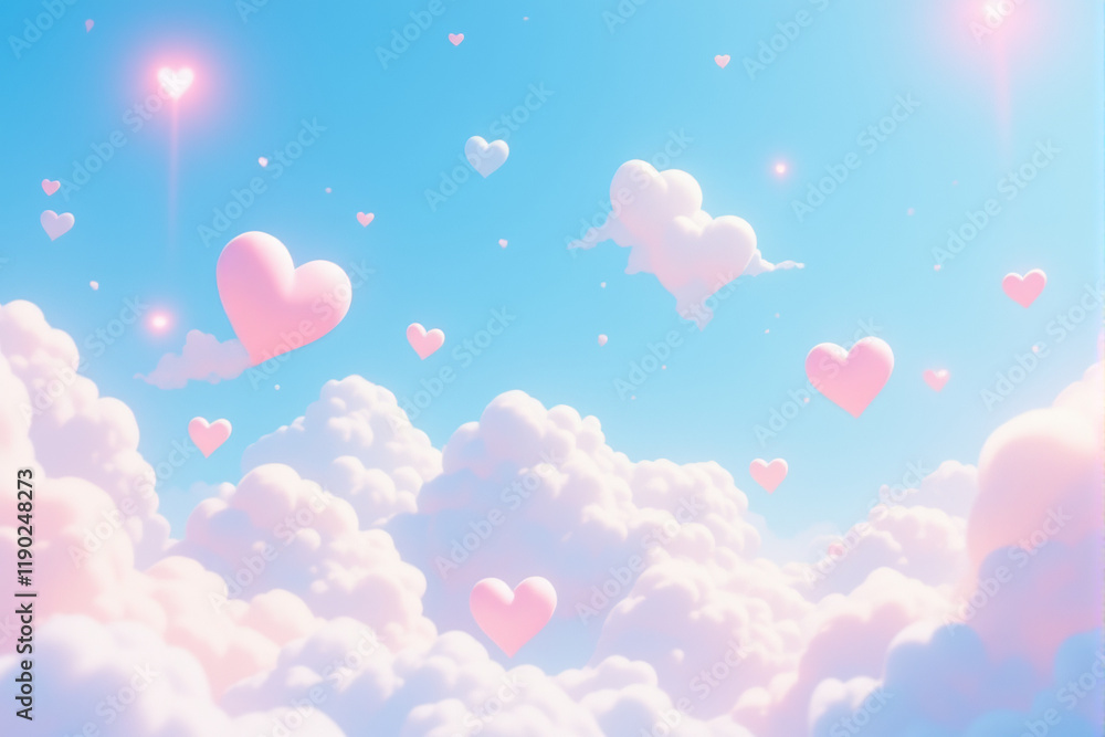 Fototapeta premium Heart-shaped balloons floating on a soft sky-blue background with clouds.