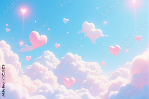 Heart-shaped balloons floating on a soft sky-blue background with clouds.
