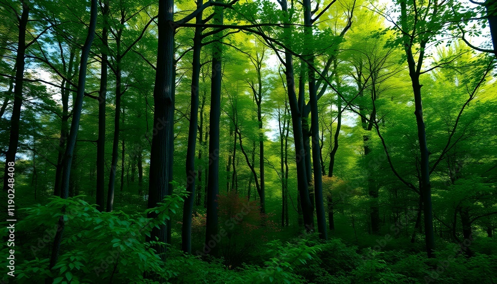 Naklejka premium Lush Green Forest Under a Bright Sky