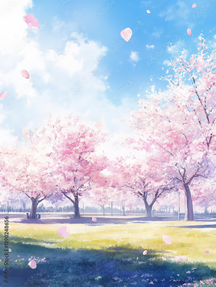 Fototapeta premium 満開の桜 春の公園 青空と舞い散る花びらの絶景