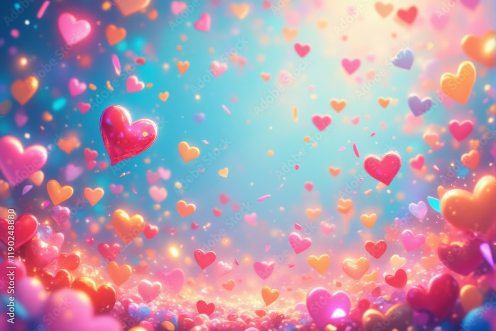 A cheerful background with colorful heart confetti falling in a celebratory scene. A cheerful background with colorful heart confetti falling in a celebratory scene.