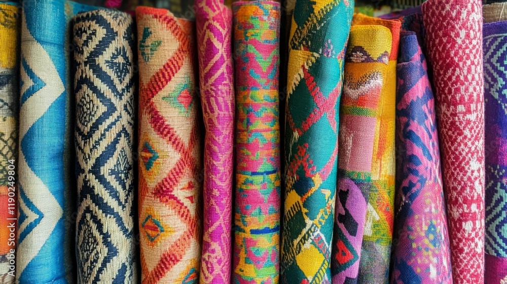 Colorful Rolled Up Textiles with Vibrant Patterns Colorful Rolled Up Textiles with Vibrant Patterns