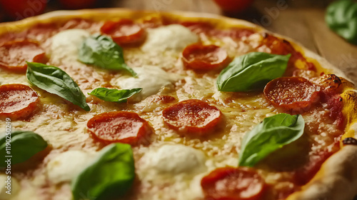 An authentic Italian pizza with fresh basil, mozzarella, and tomatoes, representing the simplicity and richness of Italian cuisine. photo