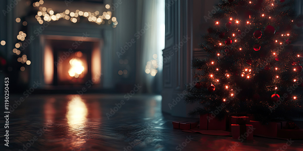 Blurred Christmas Tree and Fireplace for Festive Atmospheres Blurred Christmas Tree and Fireplace for Festive Atmospheres
