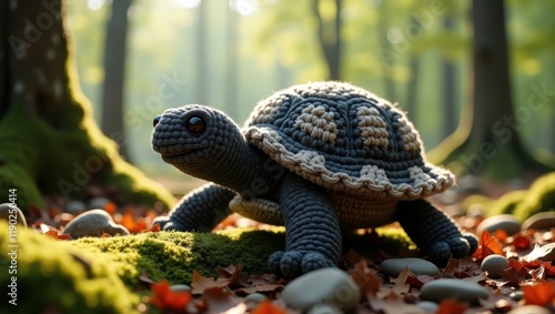 Crochet Tortoise  in Serene Forest Setting Showcasing Craftsmanship and Nature's Harmony