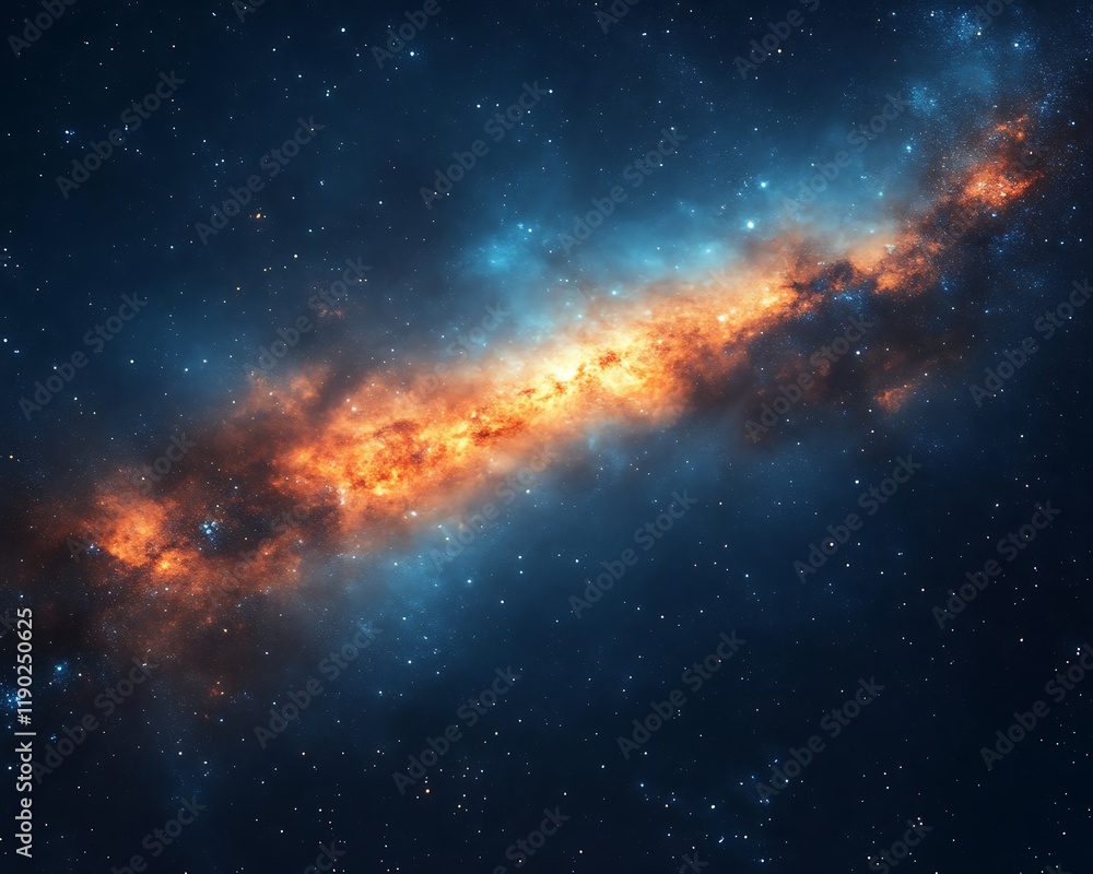 Fototapeta premium Vibrant nebula in deep space with orange and blue hues.