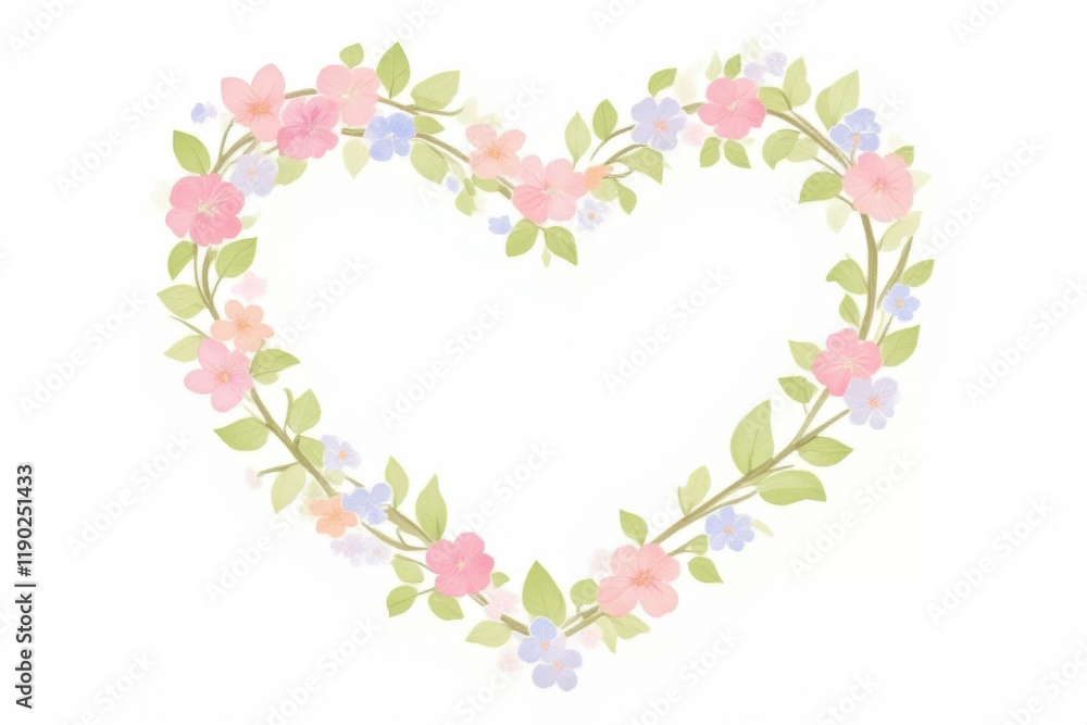 Heart-shaped wreaths of flowers arranged symmetrically on a white background. Heart-shaped wreaths of flowers arranged symmetrically on a white background.