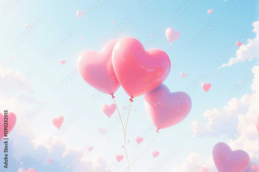 Fototapeta premium Heart-shaped balloons floating on a soft sky-blue background with clouds.