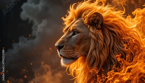 vibrant flames engulf a majestic lion