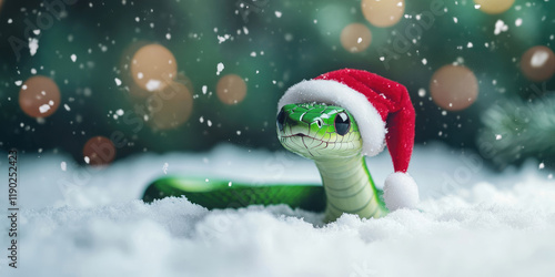 Green Wooden Snake in Santa Hat with Falling Snow Bokeh photo