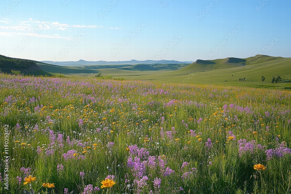 Fototapeta premium A grassy meadow with wildflowers and gentle breezes, soft greens and purples