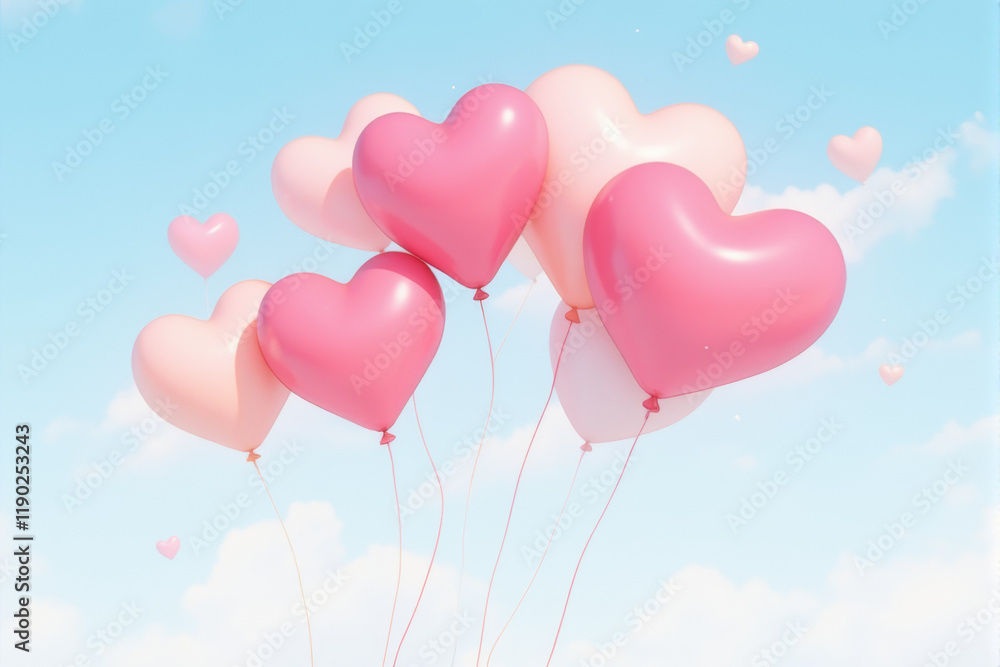 Fototapeta premium Heart-shaped balloons floating on a soft sky-blue background with clouds.