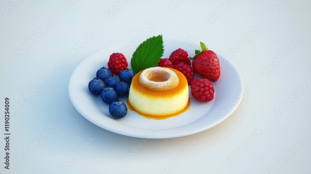 Delicious Flan Dessert with Fresh Berries on a White Plate for Culinary Presentations Delicious Flan Dessert with Fresh Berries on a White Plate for Culinary Presentations