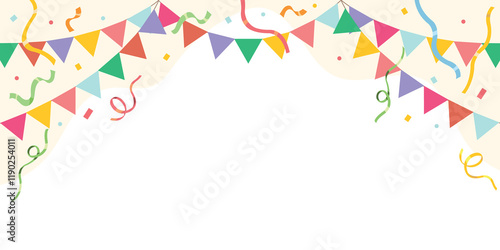 Party streamers and confetti, Celebration and happy season banner. Flags of colorful ribbons frame design.