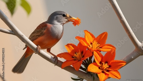 A colorful orange-breasted robin, a beautiful avian of the wild, perches on a green branch photo