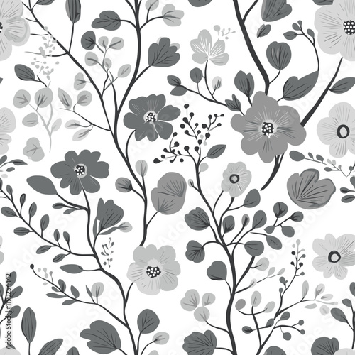 Seamless Black and White Floral Pattern with Elegant Vines