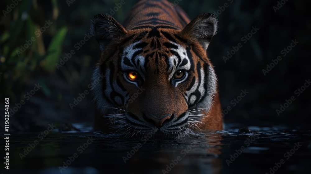 Fototapeta premium Majestic Night Tiger: A Breathtaking Encounter in the Wild