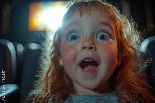 Excited child in theater, eyes wide with joy, illuminated by scr photo