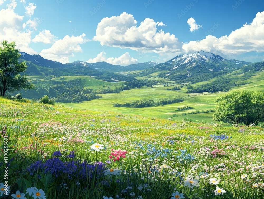 Fototapeta premium A lush green meadow with wildflowers blooming under a clear sky