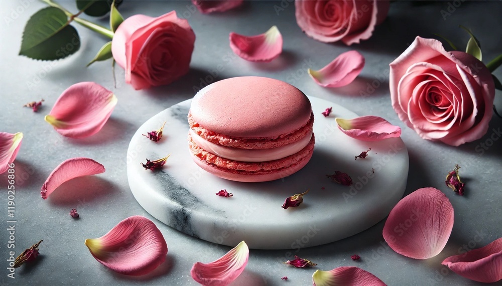 Obraz premium Elegant Pink Macaron with Rose Petals on Marble Tabletop - French Dessert Photography