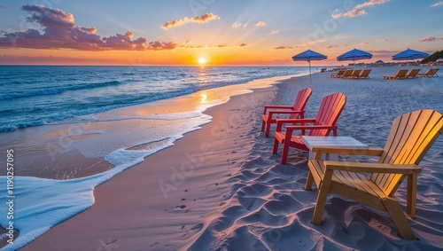 Golden sun paints the beach sand and sea, a tranquil sunrise or sunset view