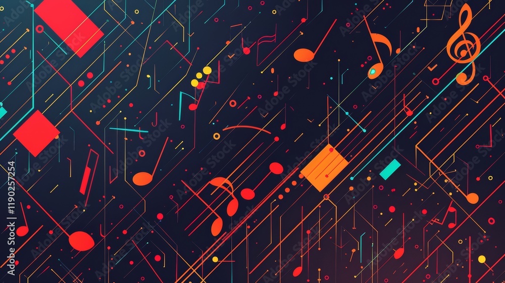 Abstract Musical Notes Pattern with Circuit Board Lines and Geometric Shapes Abstract Musical Notes Pattern with Circuit Board Lines and Geometric Shapes