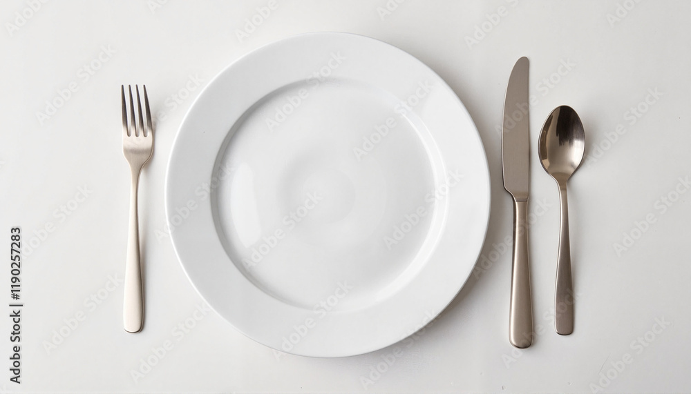 Minimalistic dining setup with white plate and silver cutlery, simplicity, No Dirty Dishes Day Minimalistic dining setup with white plate and silver cutlery, simplicity, No Dirty Dishes Day