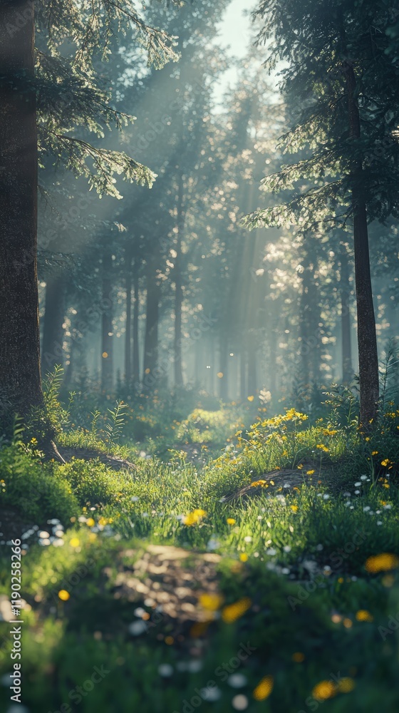Obraz premium A misty forest with dense trees and soft sunlight filtering through, peaceful atmosphere