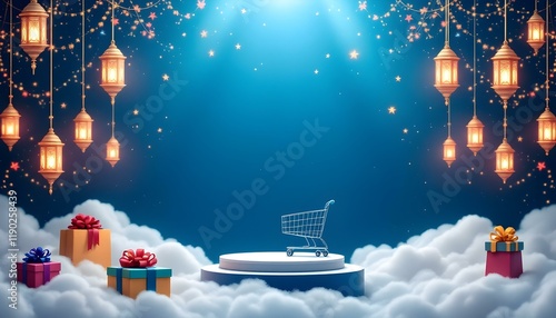 Wallpaper Mural Ramadan sale poster with a vibrant background, Islamic patterns, hanging lanterns, clouds, podium, gift boxes, shopping cart, and bags. Festive, colorful, and eye-catching design for promotions. Torontodigital.ca