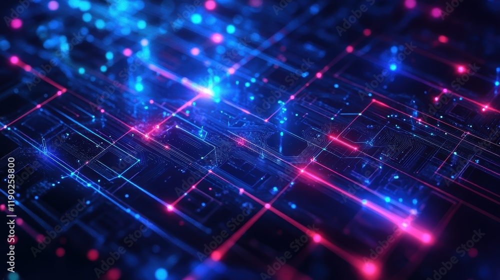 A modern circuit board with digital components glowing softly in blue tones A modern circuit board with digital components glowing softly in blue tones