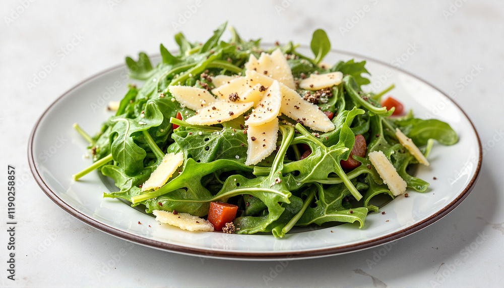 Fresh arugula salad with parmesan and pepper, healthy eating, National Salad Month. Fresh arugula salad with parmesan and pepper, healthy eating, National Salad Month.