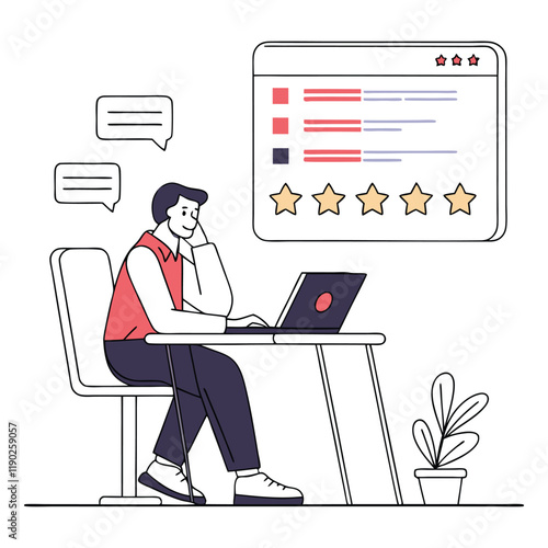 AI Generated flat vector illustration of a man using a laptop to review colorful customer satisfaction reports in an office