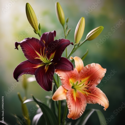 Pink and orange lily petals bloom in a summer floral closeup photo