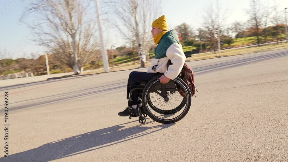 Young person enjoying freedom and mobility in wheelchair at park Young person enjoying freedom and mobility in wheelchair at park