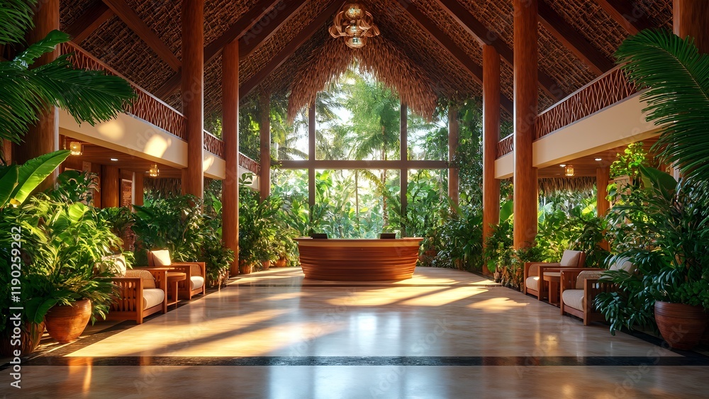 Fototapeta premium A vibrant hotel lobby in a tropical destination, featuring high ceilings with thatched roofs, lush indoor plants, and elegant wooden furniture, all bathed in natural light