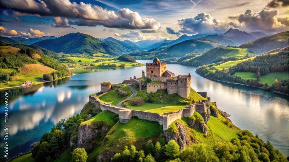 Fototapeta premium Steinturm mit Herz in Sandwellen, a majestic stone fortress with an ancient heart, set amidst rolling hills and serene lakes