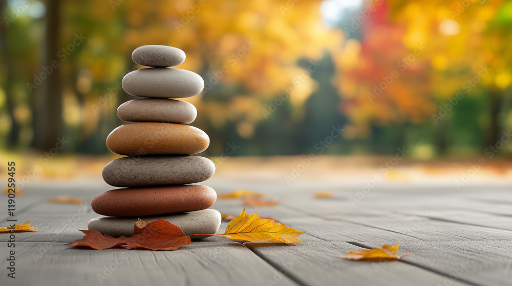 Obraz premium Autumn leaves stacked with smooth stones in nature, perfect for meditation, wellness, tranquility, and zen-inspired designs to promote relaxation and balance concepts. 