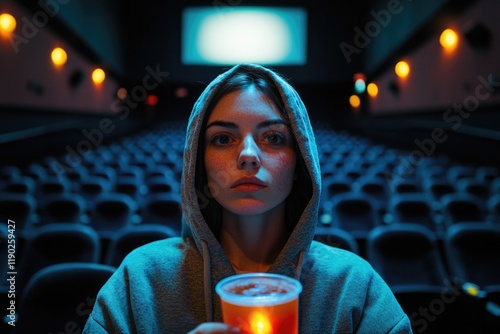 contemplative moment in an empty cinema, illuminated by soft scr photo