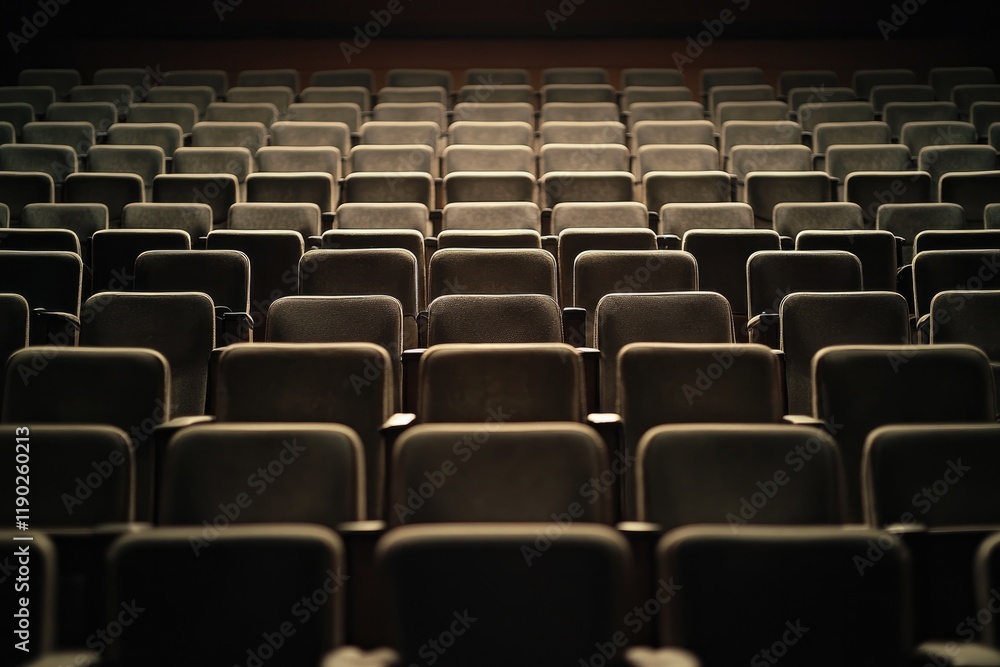 Rows of empty theater seats create sense of anticipation and sol Rows of empty theater seats create sense of anticipation and sol