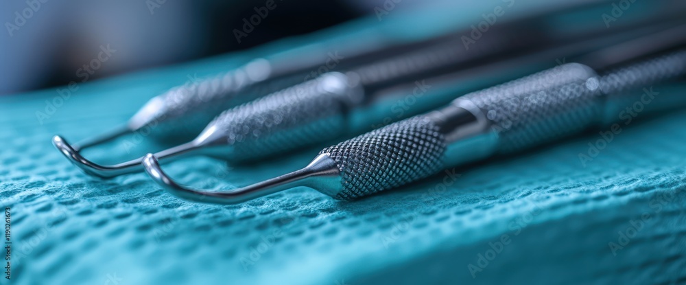 Close-up of three sterile dental tools on a teal surface. Close-up of three sterile dental tools on a teal surface.