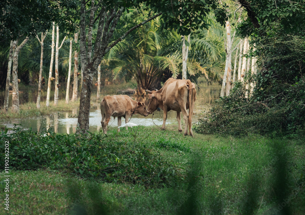 Cows grazing peacefully near a tranquil pond in a lush green landscape Cows grazing peacefully near a tranquil pond in a lush green landscape