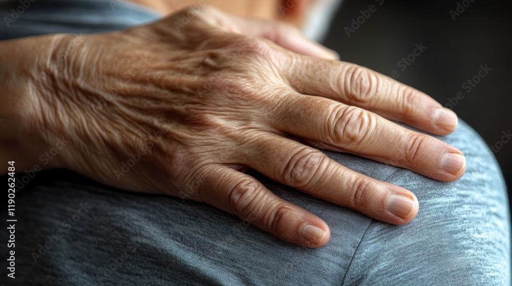 Fototapeta premium A close-up of an elderly hand resting gently on a shoulder, conveying warmth and care.