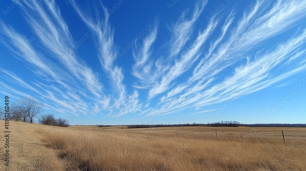 Obraz premium A dramatic skyscape with wispy clouds over a field of dry grasses and sparse trees under a clear blue sky