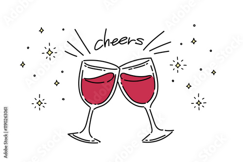 ワインを乾杯しているイラスト(赤ワイン) キラキラ