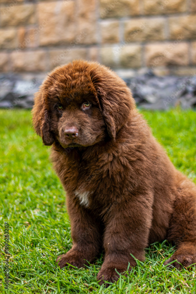 Fototapeta premium brown newfoundland dog playing in a garden