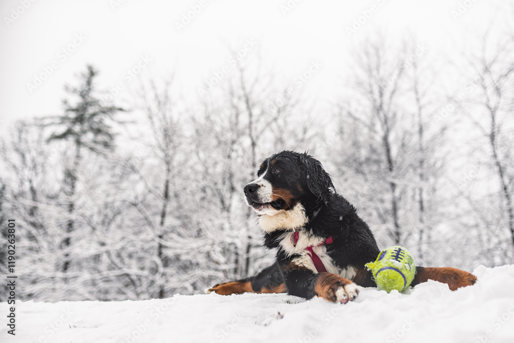 Bernese Mountain Dog lying in snow with a green toy ball Bernese Mountain Dog lying in snow with a green toy ball